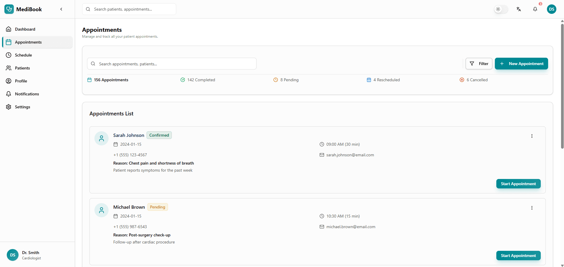 Dashboard principal avec vue d'ensemble des patients